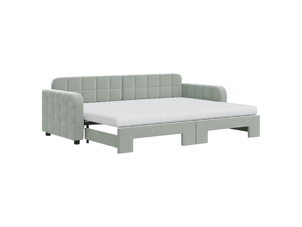 Lit de jour avec gigogne et matelas gris clair 80x200cm velours