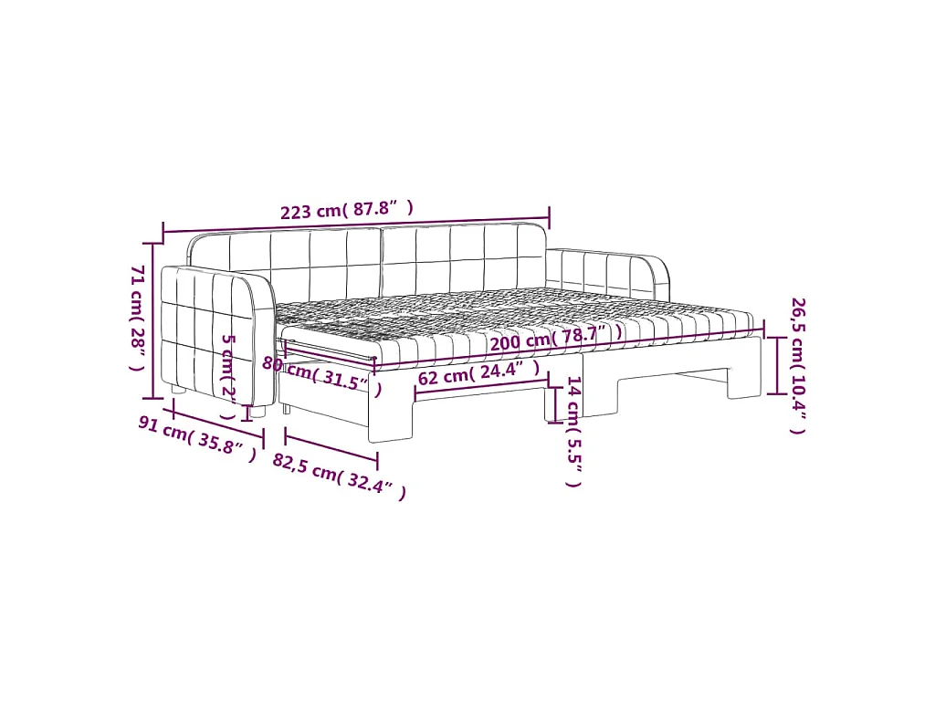 Lit de jour avec gigogne et matelas gris clair 80x200cm velours