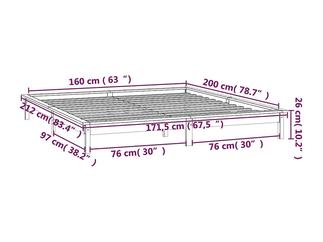 Cadre de lit à LED sans matelas 160x200 cm bois massif