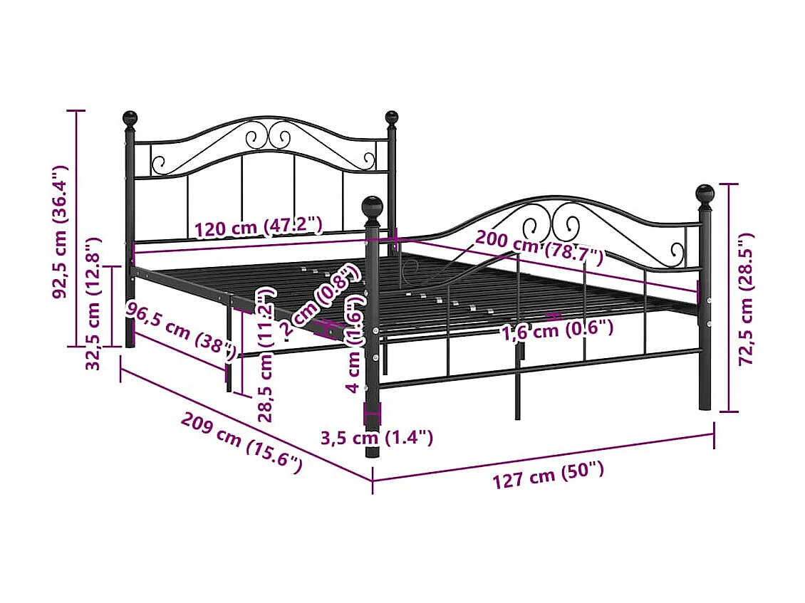 Bedframe metaal zwart 120x200 cm