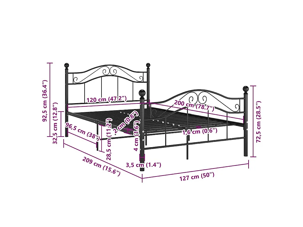 Cadre de lit sans matelas noir métal 120x200 cm