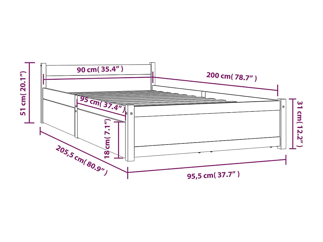 Cadre de lit sans matelas avec tiroirs blanc 90x200 cm