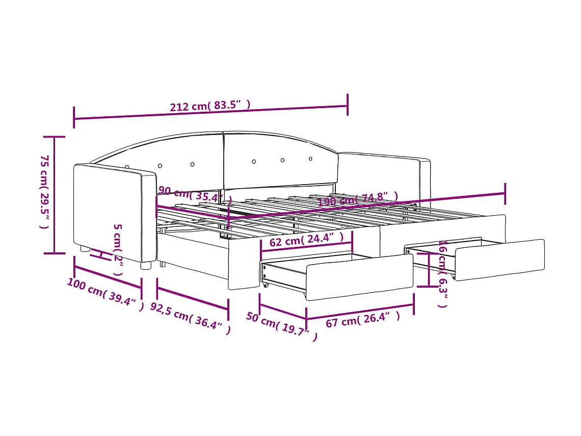 Slaapbank met onderschuifbed en lades 90x190 cm fluweel zwart
