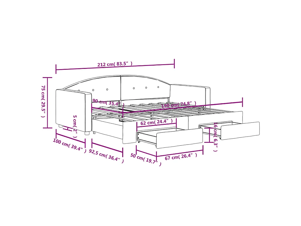 Lit de jour avec gigogne et tiroirs noir 90x190 cm velours