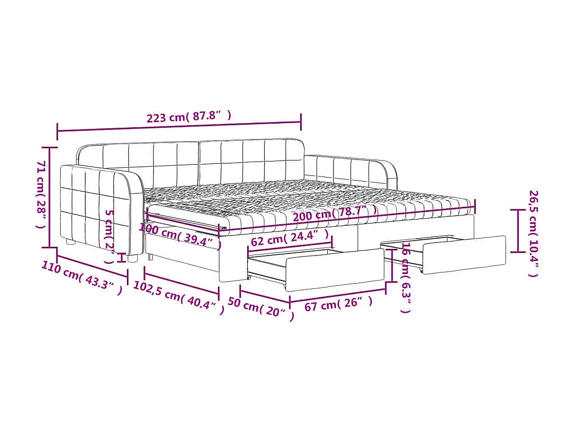 Sofá-cama com gavetão e gavetas 100x200 cm veludo amarelo