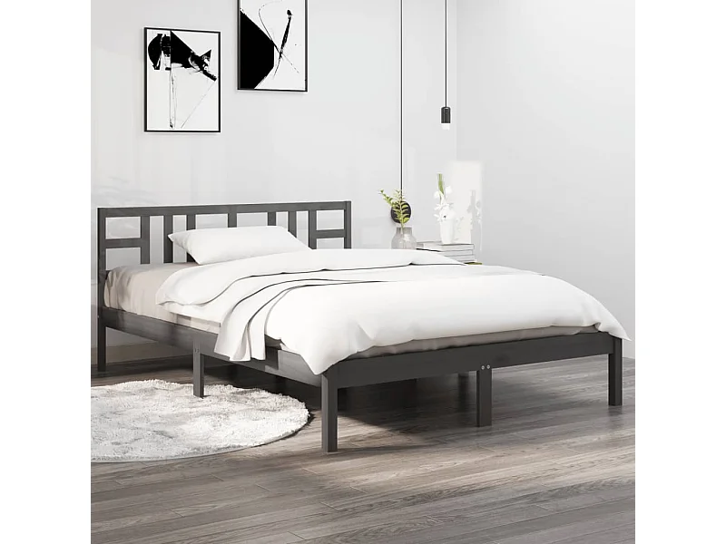 Estrutura de cama casal 135x190 cm madeira maciça cinzento