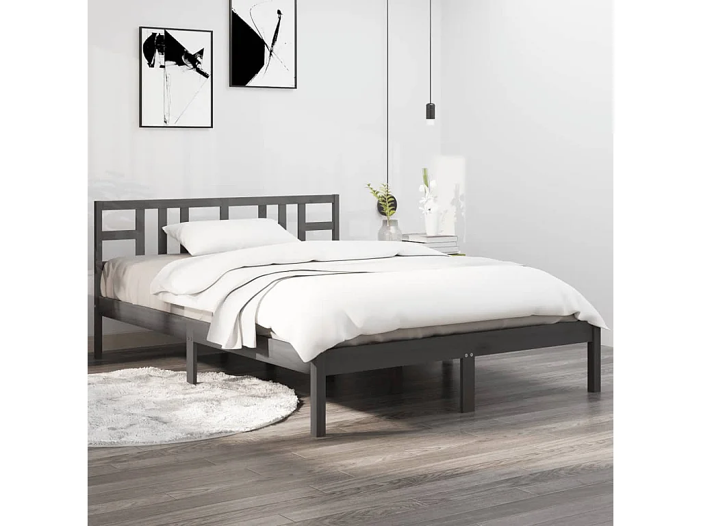 Estrutura de cama casal 135x190 cm madeira maciça cinzento