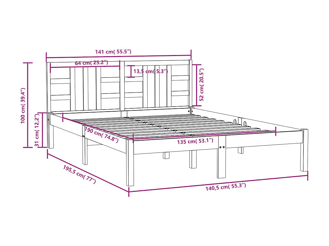 Estrutura de cama casal 135x190 cm madeira maciça cinzento