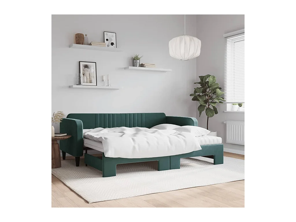 Lit de jour avec gigogne et matelas vert foncé 90x200cm velours