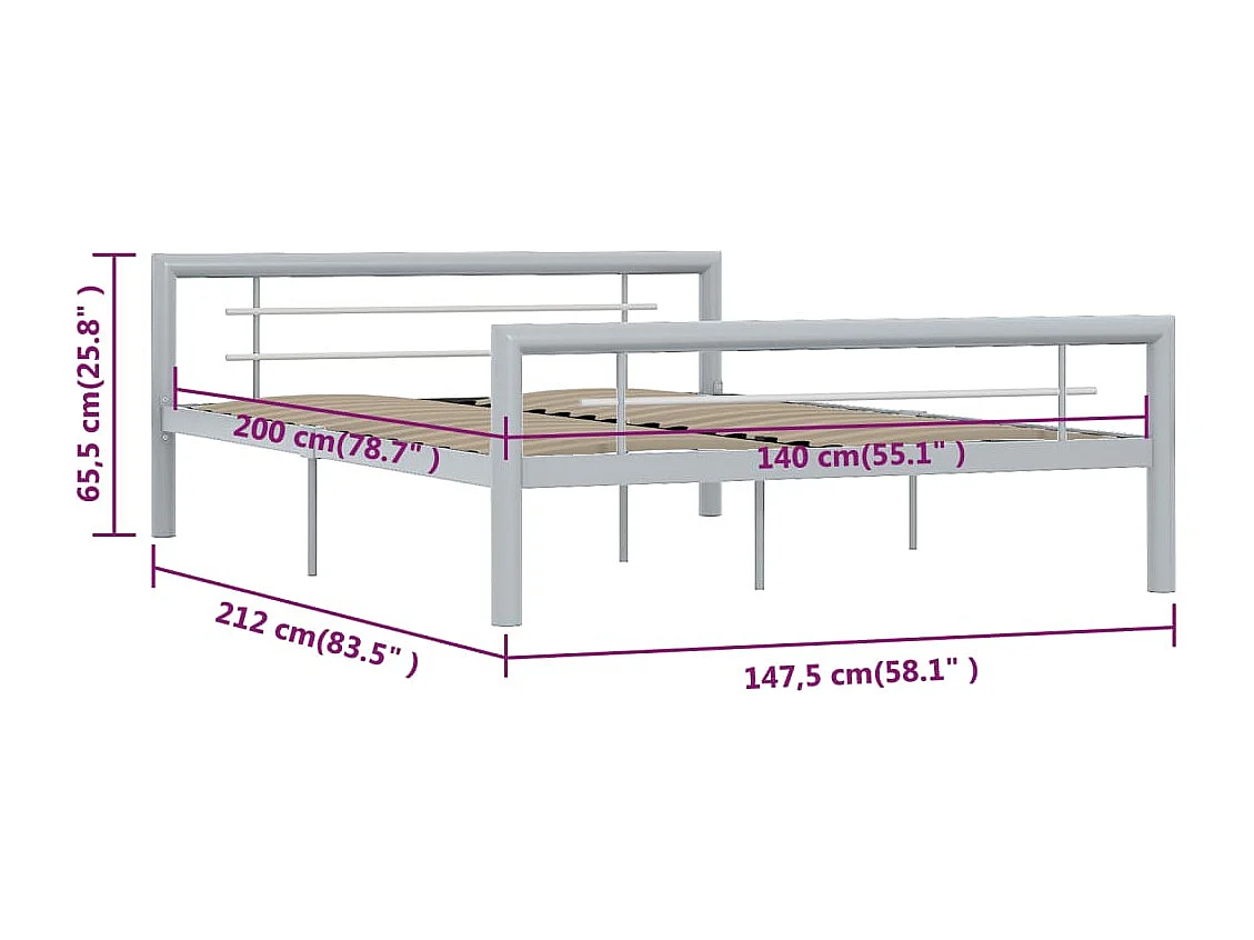 Cadre de lit sans matelas gris et blanc métal 140x200 cm