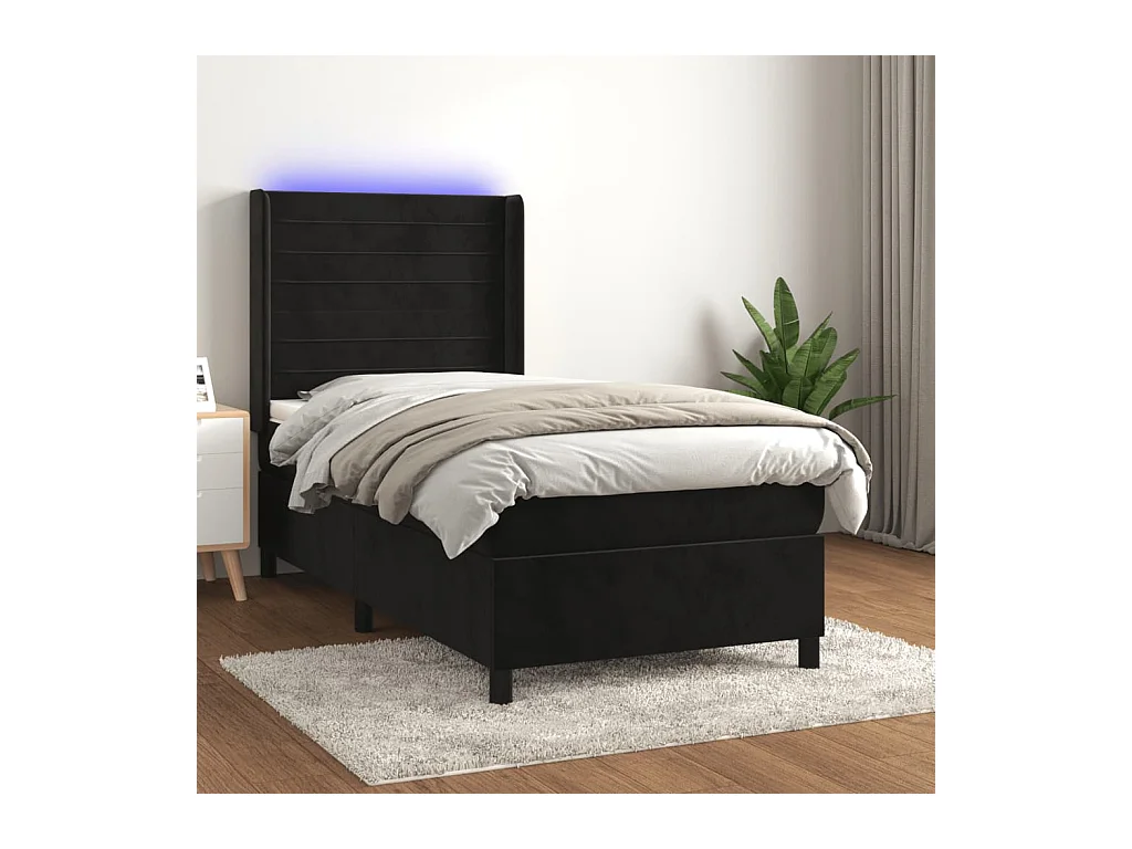 Sommier à lattes de lit matelas et LED Noir 90x190 cm Velours