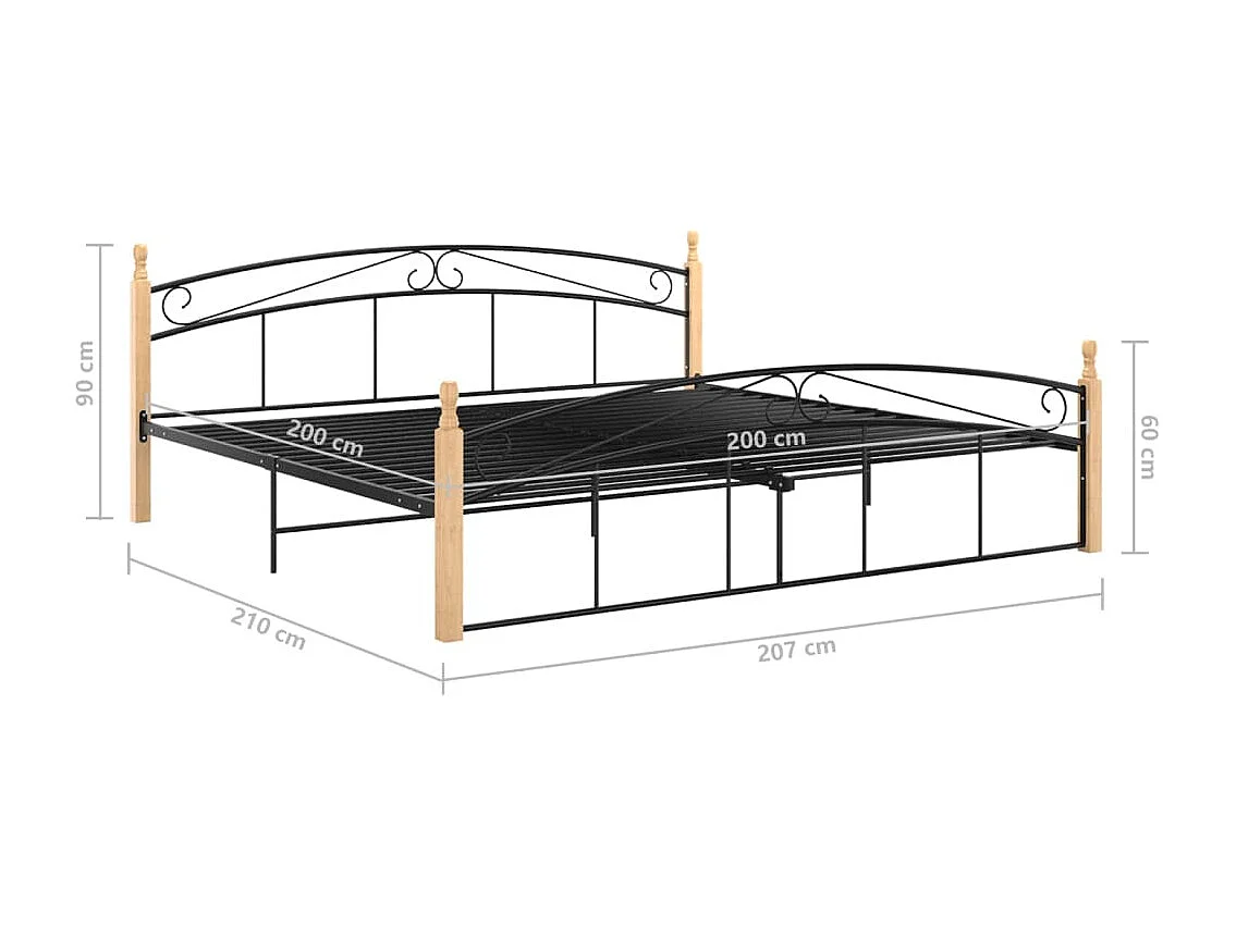 Cadre de lit sans matelas noir métal bois chêne 200x200 cm