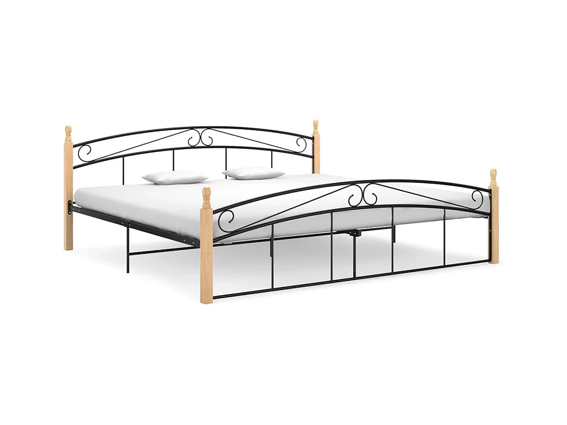 Cadre de lit sans matelas noir métal bois chêne 200x200 cm