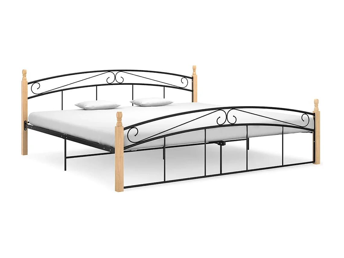 Cadre de lit sans matelas noir métal bois chêne 200x200 cm
