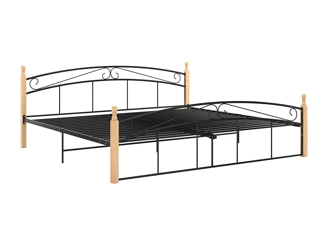 Cadre de lit sans matelas noir métal bois chêne 200x200 cm