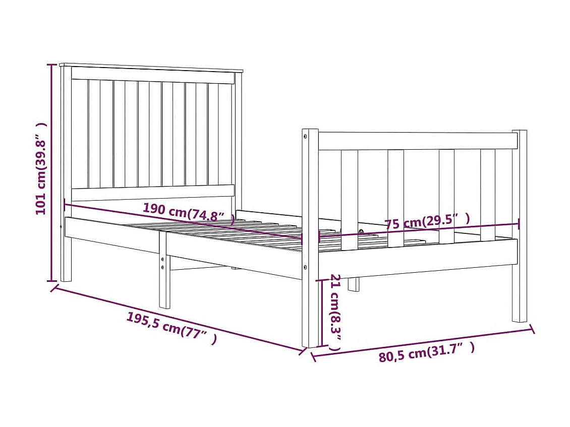 Bedframe massief grenenhout zwart 75x190 cm
