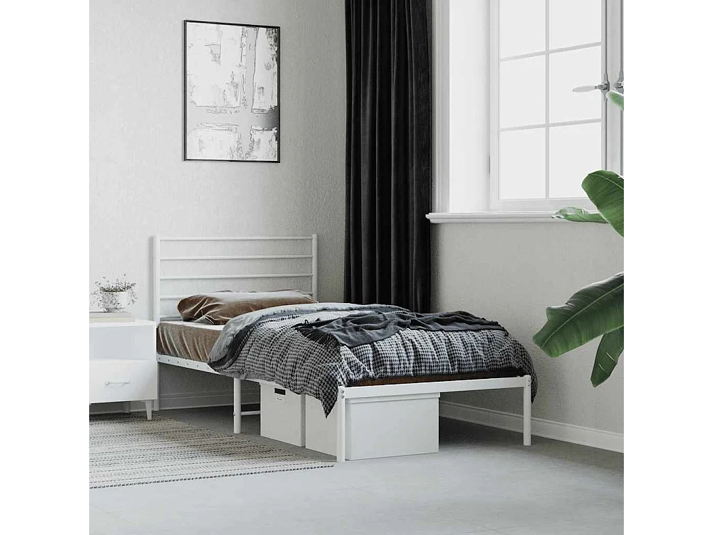 Cadre de lit métal sans matelas avec tête de lit blanc 75x190cm
