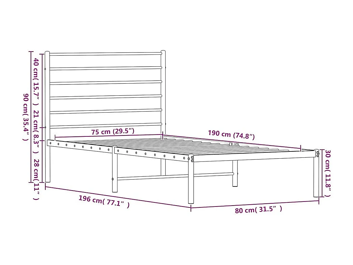 Cadre de lit métal sans matelas avec tête de lit blanc 75x190cm