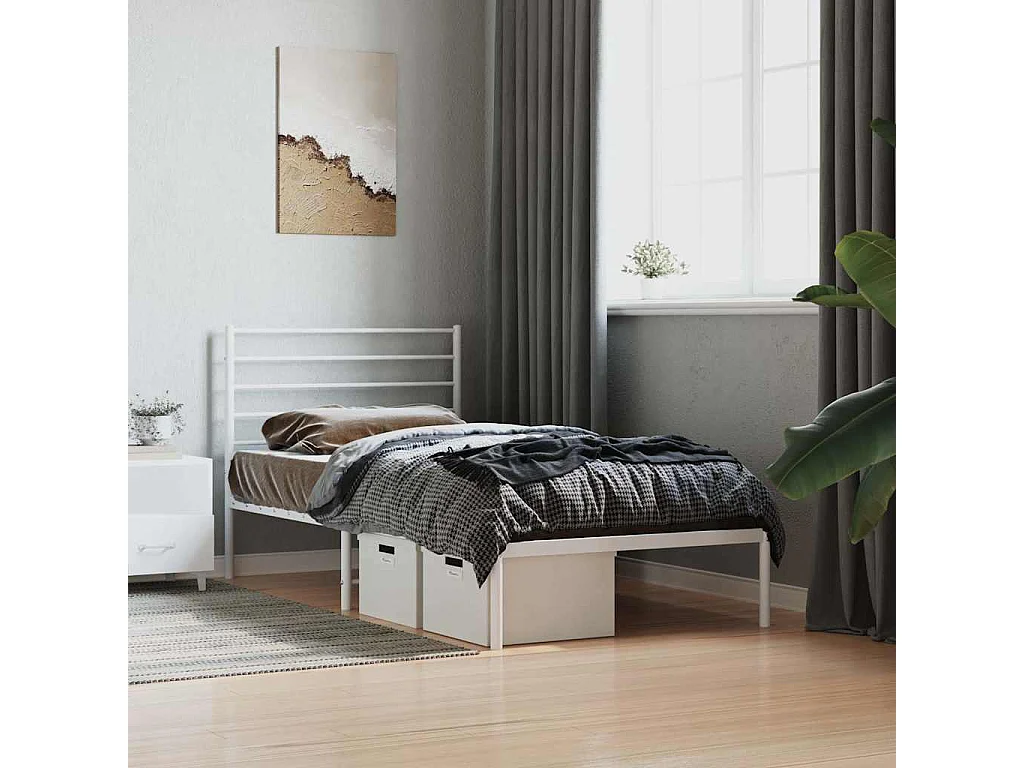 Cadre de lit métal sans matelas avec tête de lit blanc 75x190cm