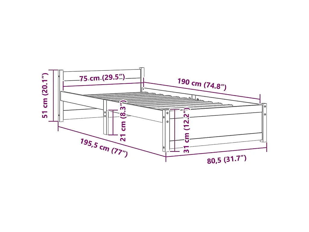 Cadre de lit sans matelas marron miel bois massif 75x190 cm