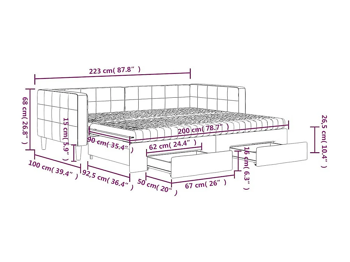 Lit de jour avec gigogne et tiroirs vert foncé 90x200cm velours