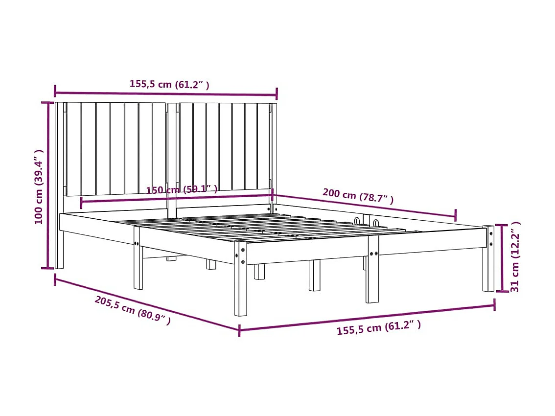 Bedframe massief hout grijs 150x200 cm