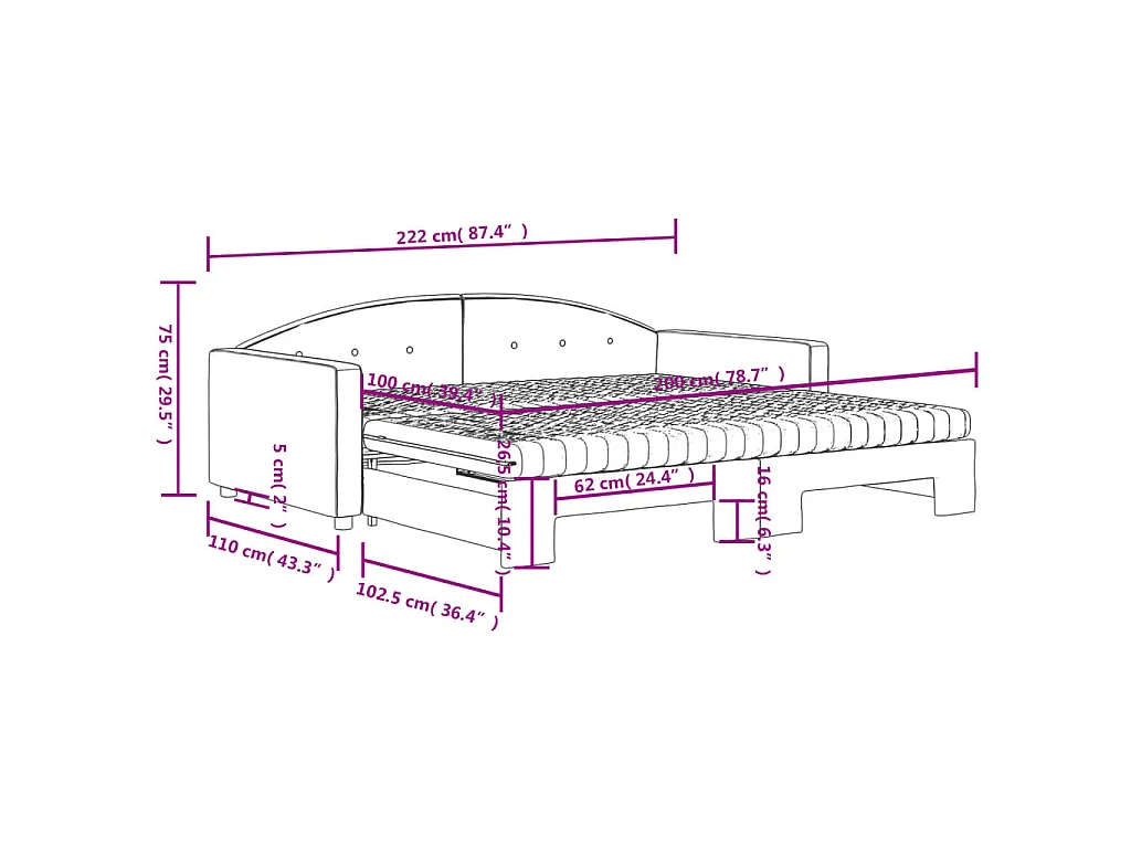 Lit de jour et gigogne et matelas gris clair 100x200 cm velours