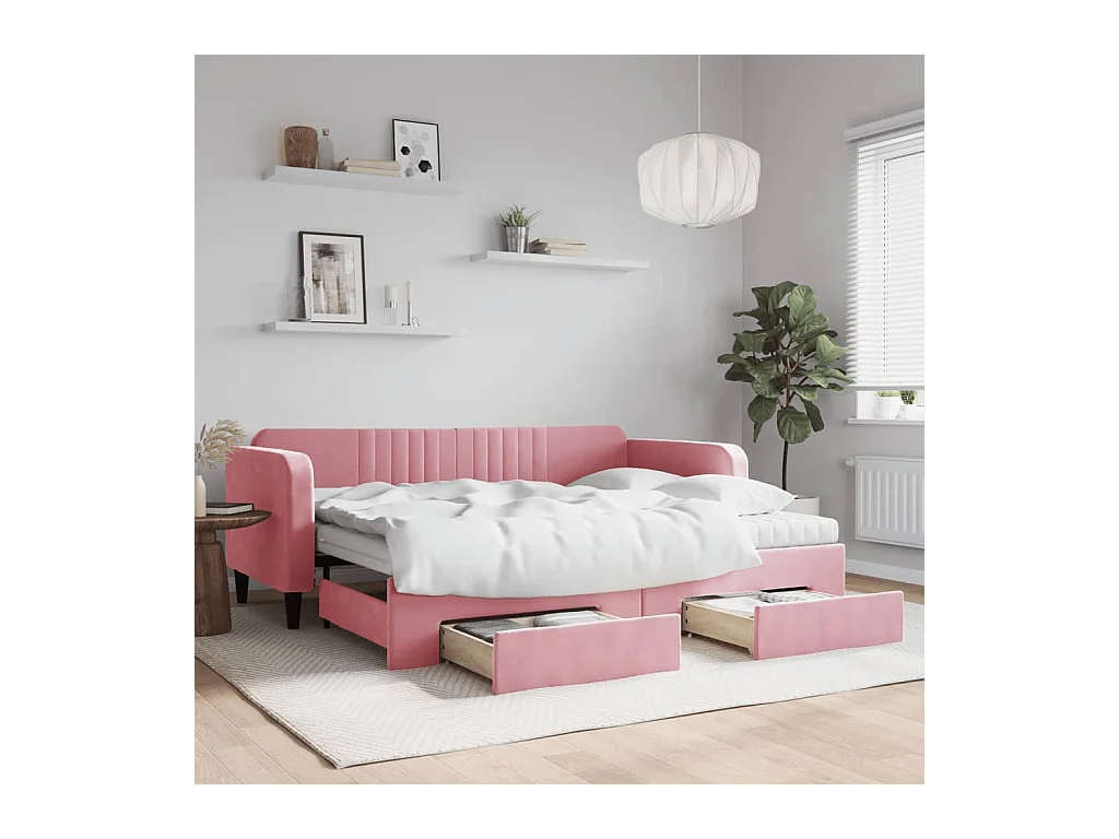 Slaapbank met onderschuifbed en lades 90x200 cm fluweel roze