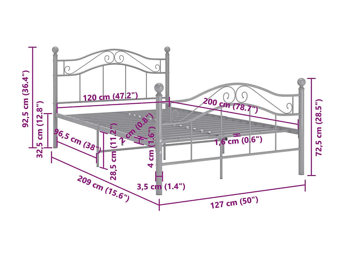 Bedframe metaal grijs 120x200 cm
