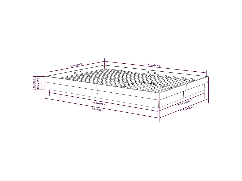Bedframe massief hout wit 150x200 cm