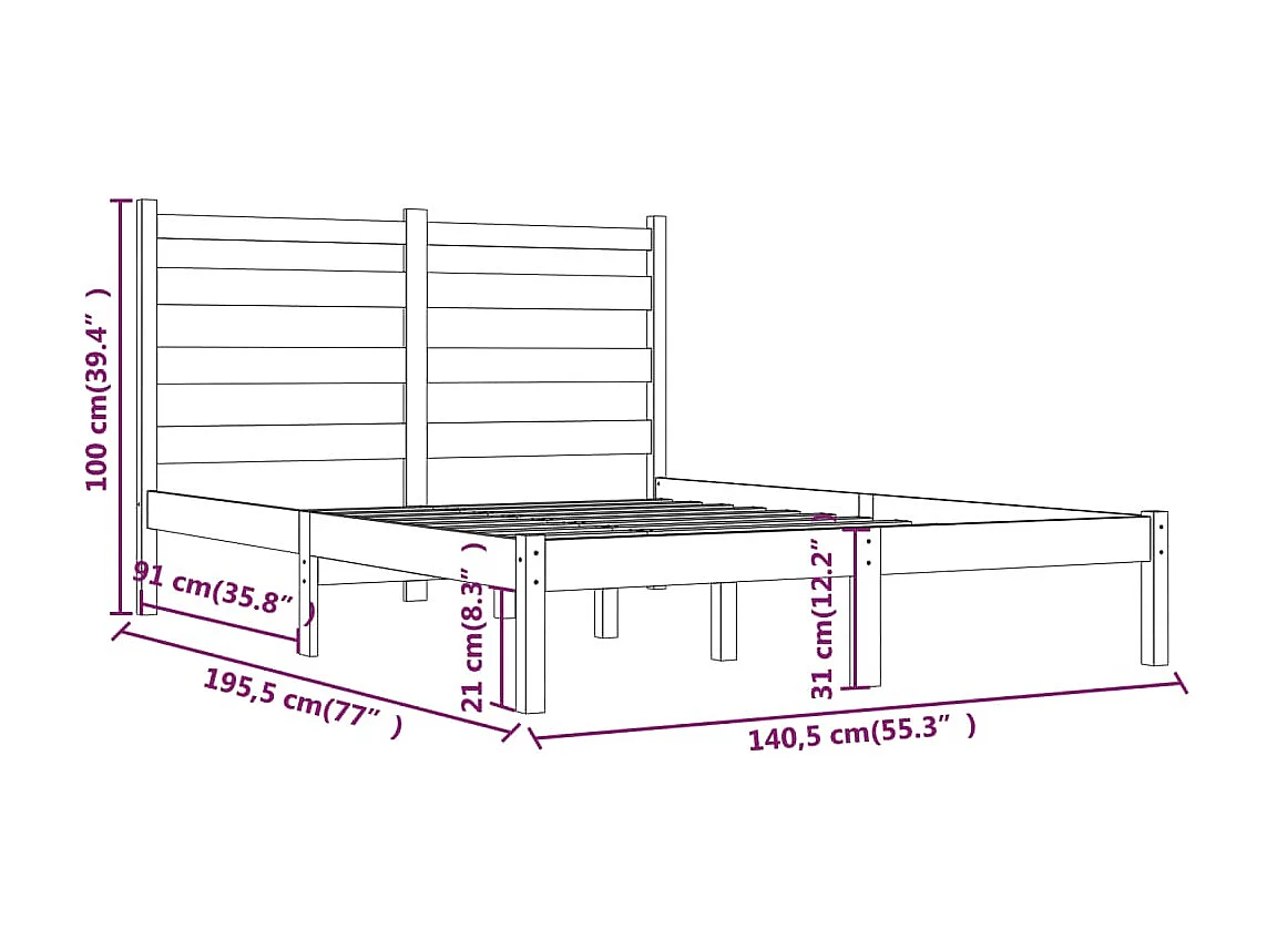 Estrutura de cama casal 135x190 cm pinho maciço cinza