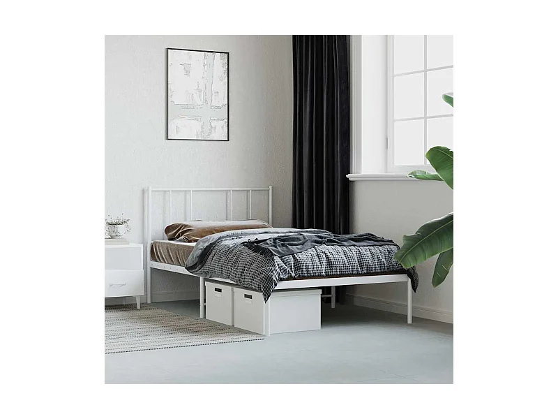 Cadre de lit métal sans matelas et tête de lit blanc 107x203 cm