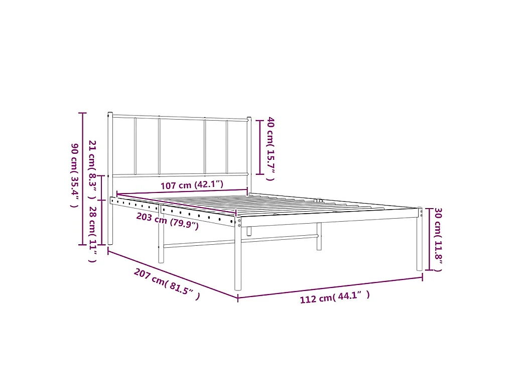 Cadre de lit métal sans matelas et tête de lit blanc 107x203 cm