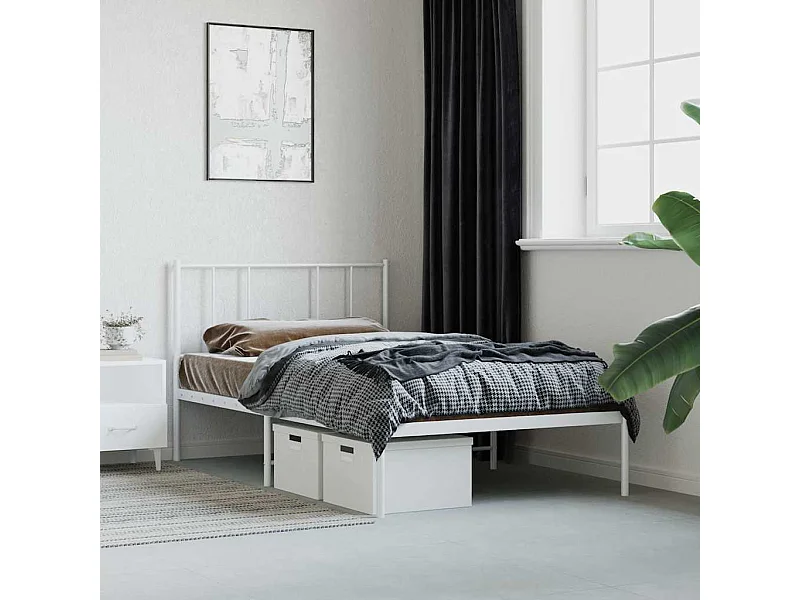 Cadre de lit métal sans matelas et tête de lit blanc 107x203 cm