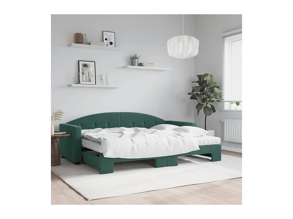 Tagesbett Ausziehbar mit Matratzen Dunkelgrün 80x200 cm Samt