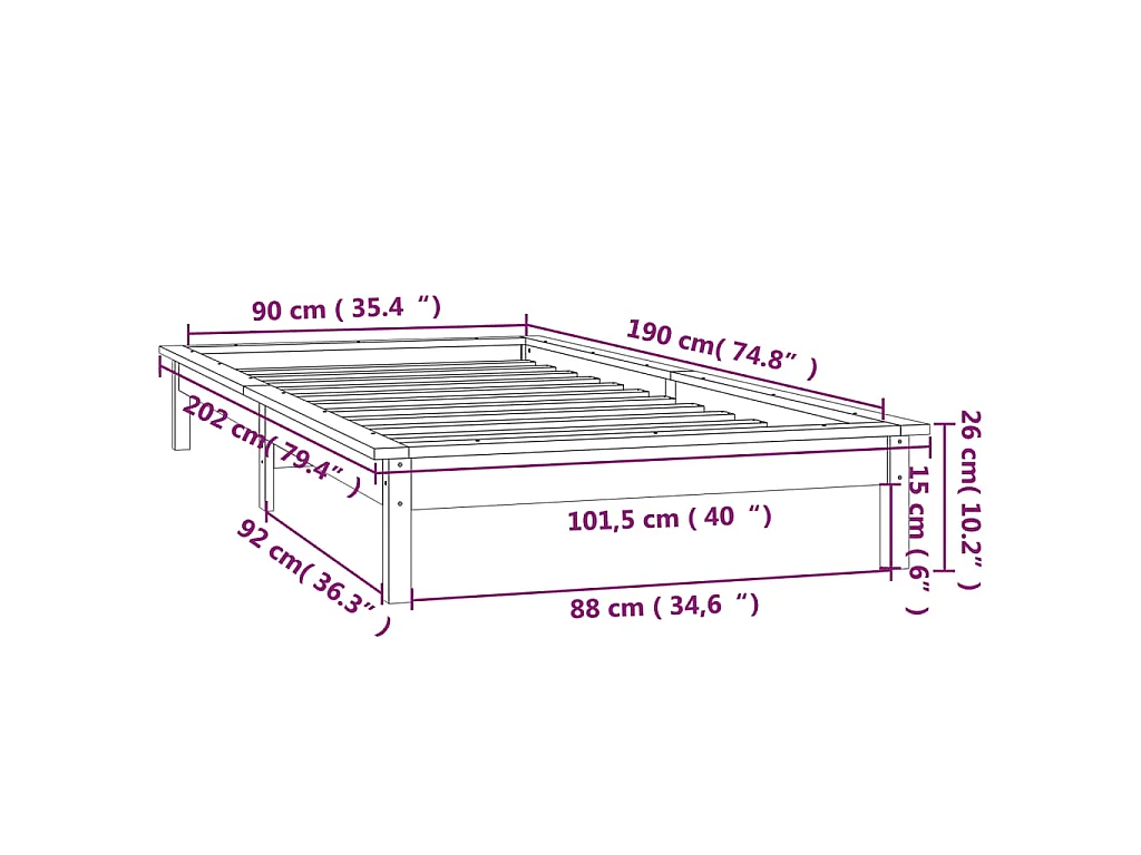 Cadre de lit à LED sans matelas 90x190 cm bois massif