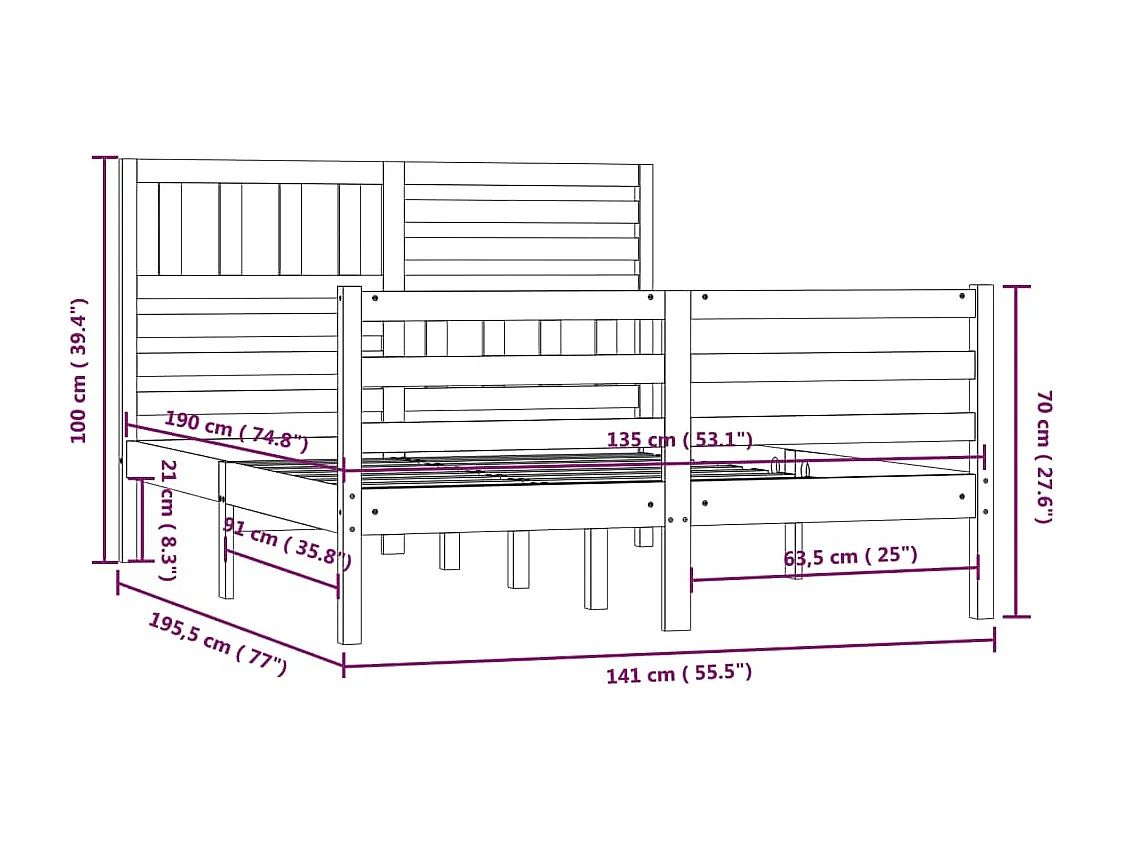 Bedframe massief hout grijs 135x190 cm