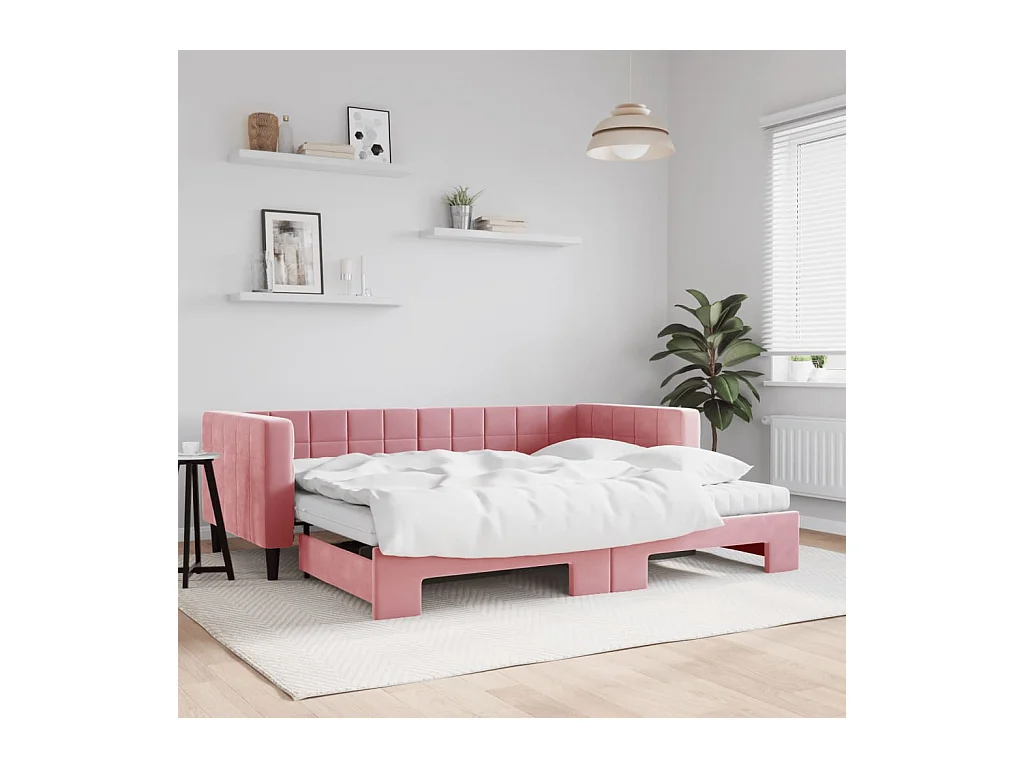Lit de jour avec gigogne et matelas rose 90x200 cm velours