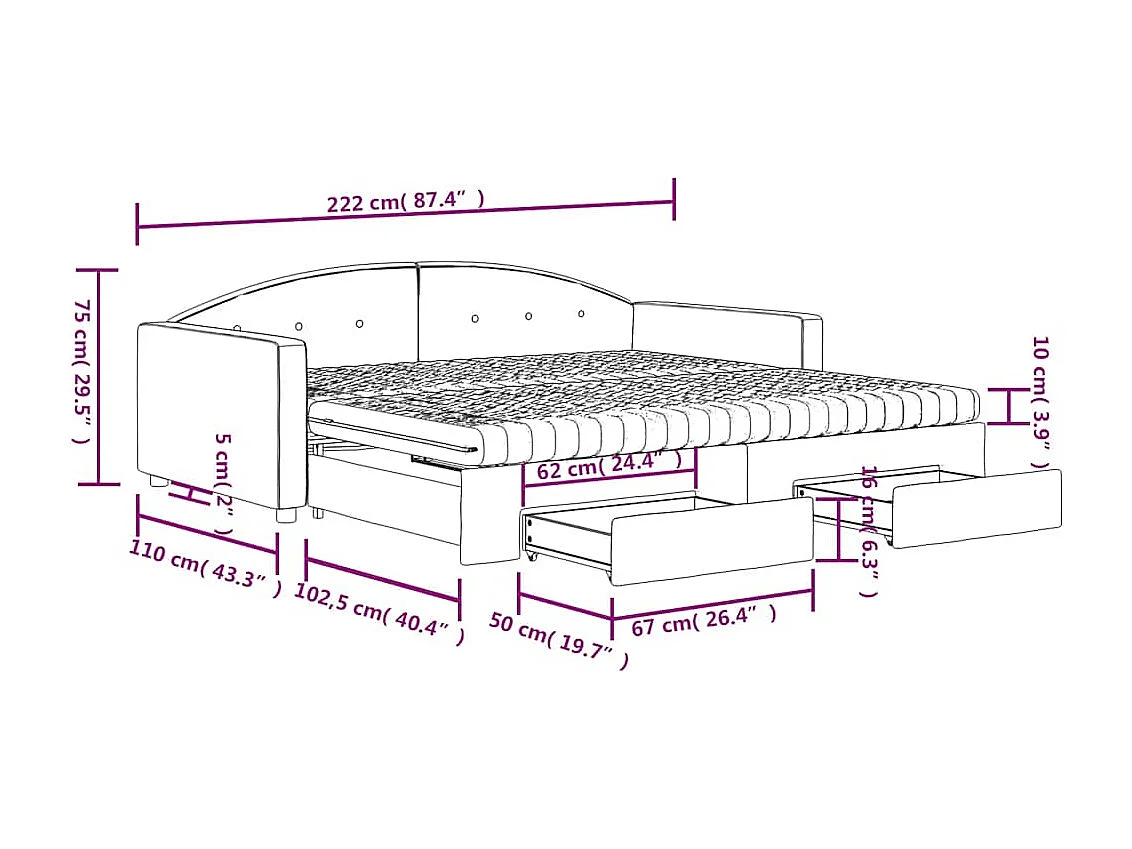 Lit de jour avec gigogne et tiroirs jaune 100x200 cm velours