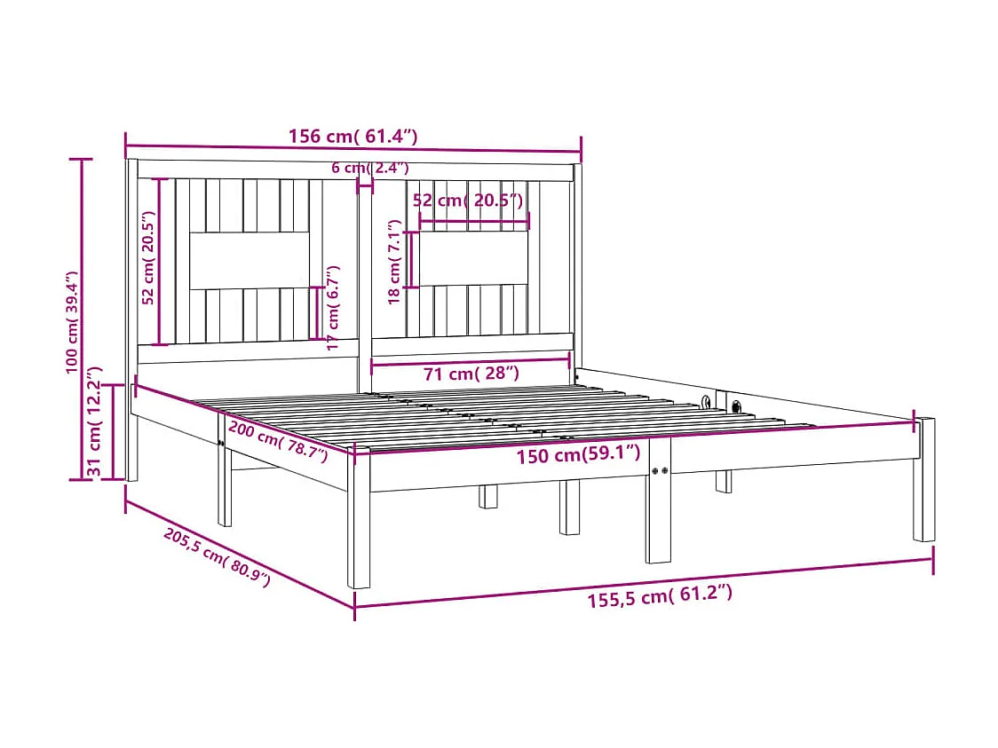 Bedframe massief hout grijs 150x200 cm