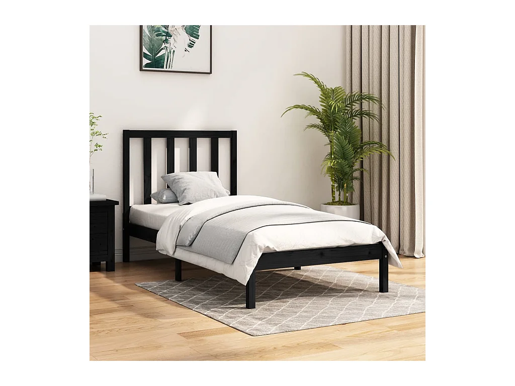 Cadre de lit sans matelas noir bois de pin massif 75x190 cm