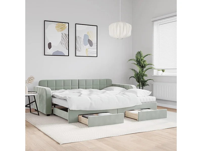 Tagesbett Ausziehbar mit Schubladen Hellgrau 90x200 cm Samt