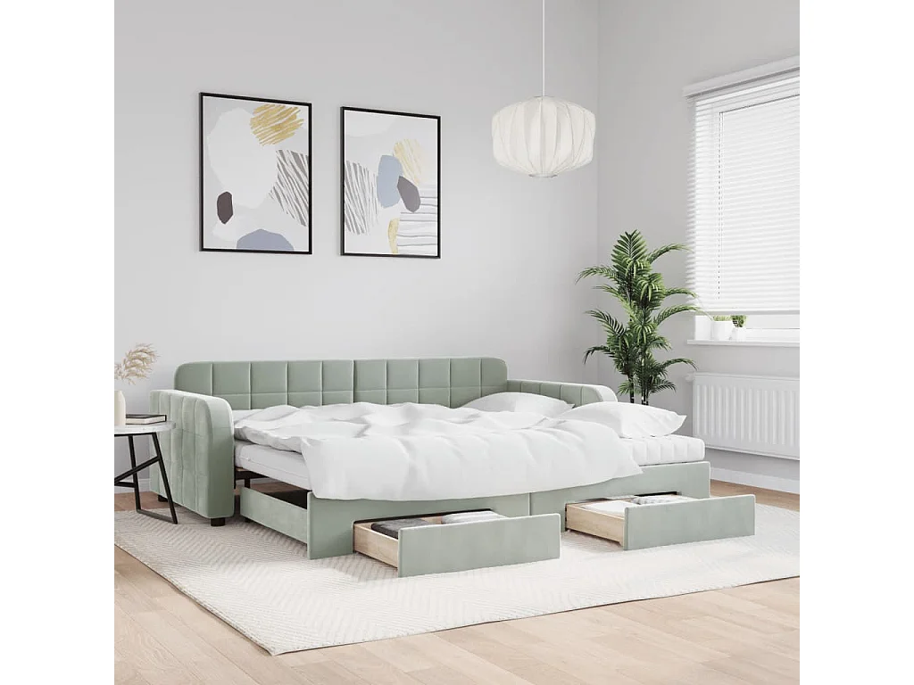 Tagesbett Ausziehbar mit Schubladen Hellgrau 90x200 cm Samt