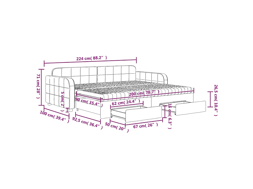 Slaapbank onderschuifbed en lades 90x200 cm fluweel lichtgrijs