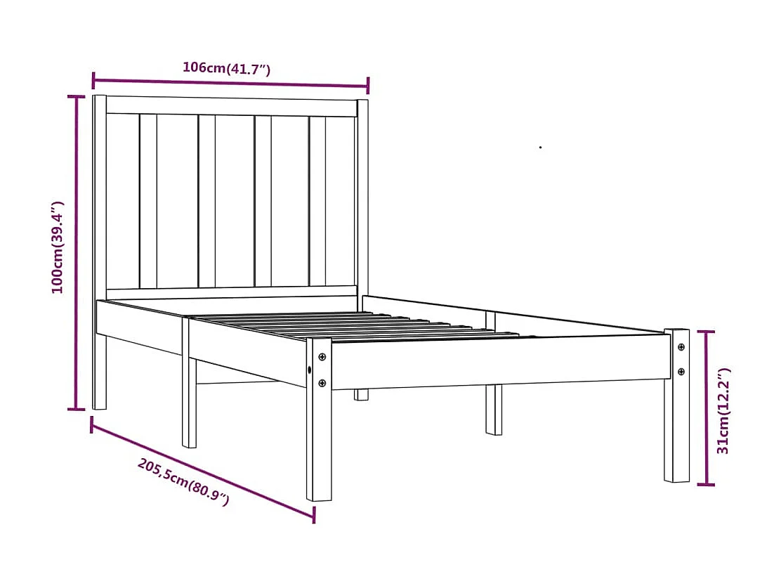 Cadre de lit sans matelas noir bois massif de pin 100x200 cm