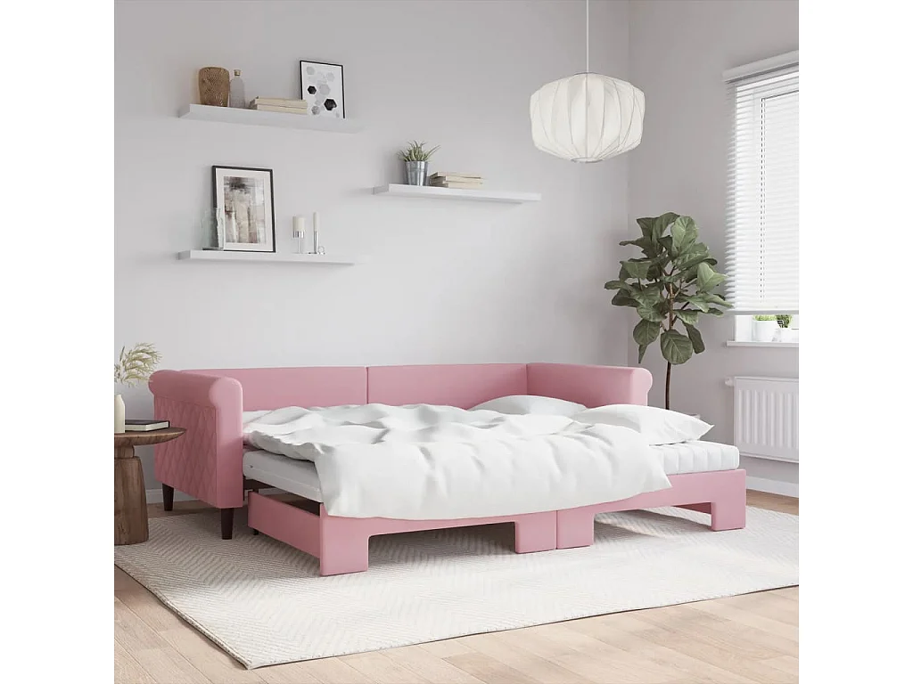 Sofá-cama com gavetão e colchões 90x200 cm veludo rosa