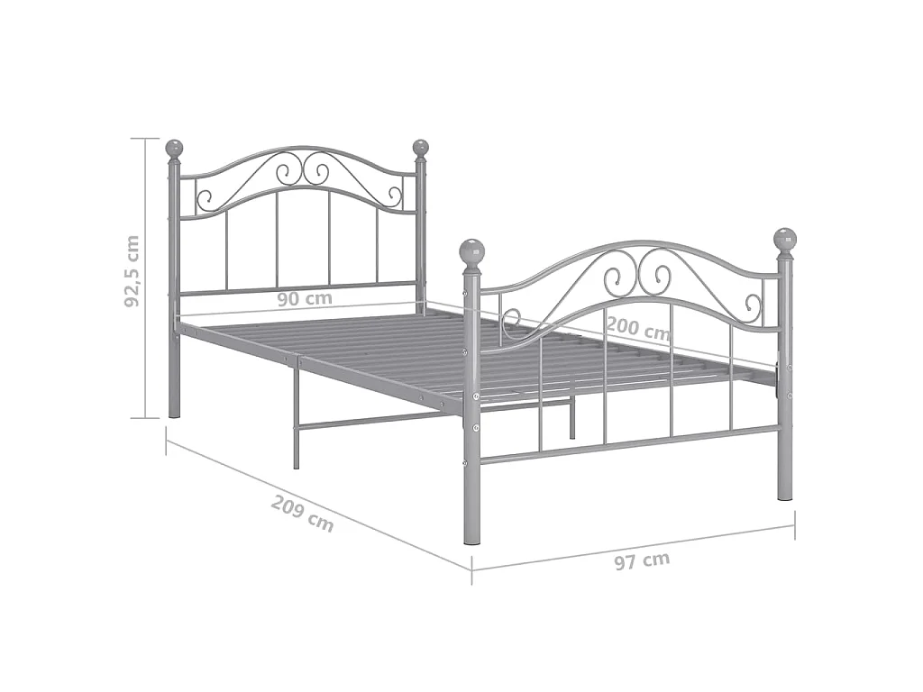 Cadre de lit sans matelas gris métal 90x200 cm