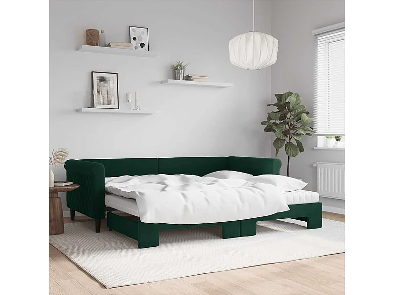 Lit de jour avec gigogne et matelas vert foncé 90x200cm velours