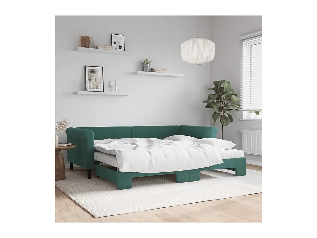 Lit de jour avec gigogne et matelas vert foncé 90x200cm velours