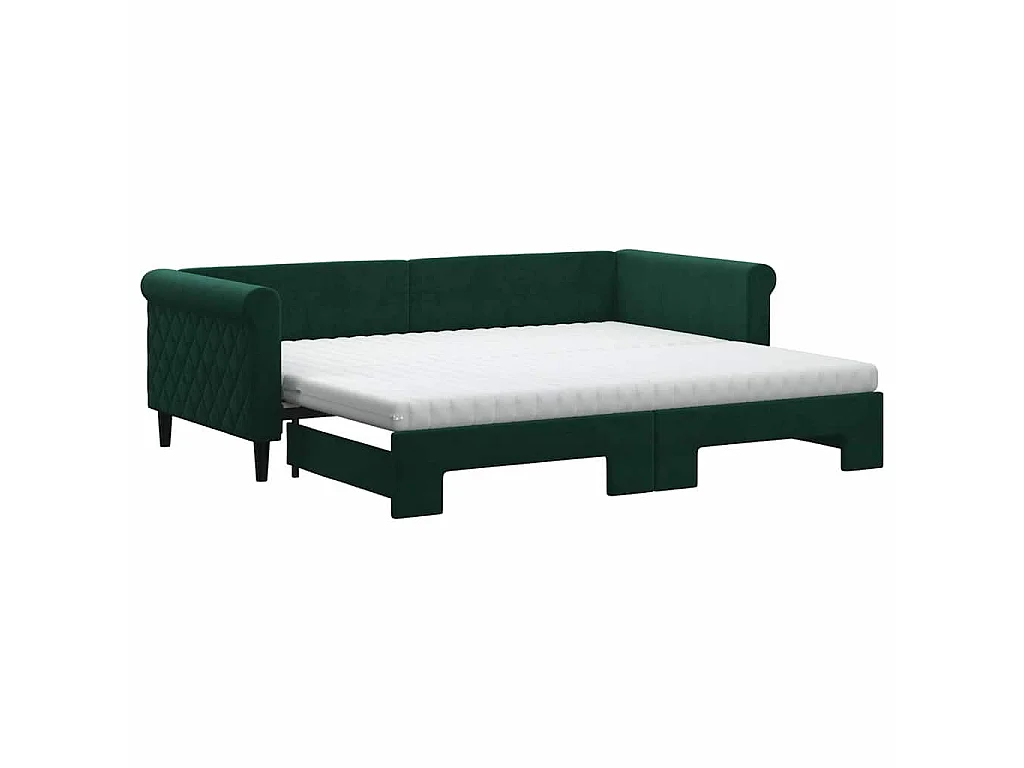 Lit de jour avec gigogne et matelas vert foncé 90x200cm velours